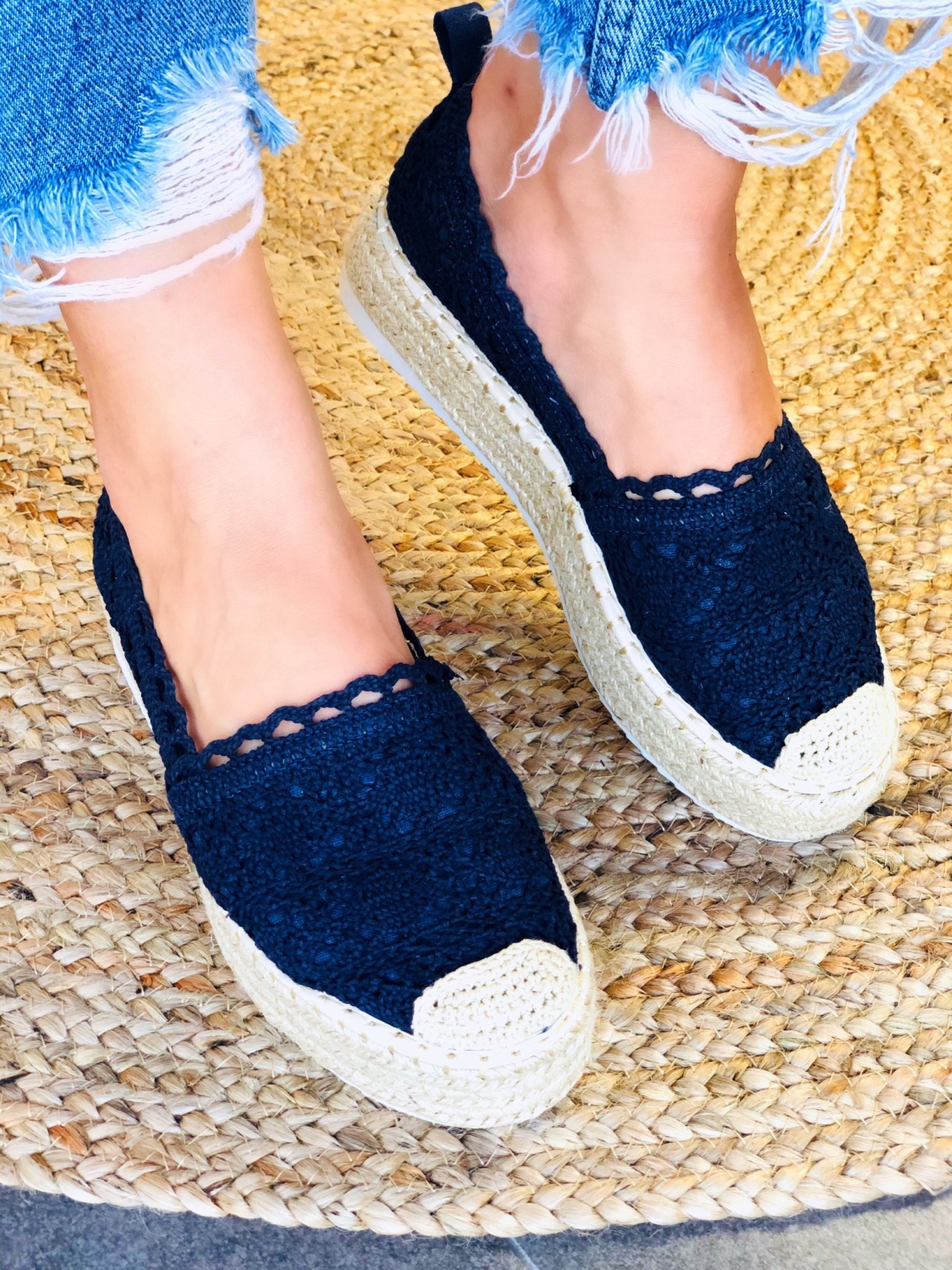 Dámske modré háčkované espadrilky