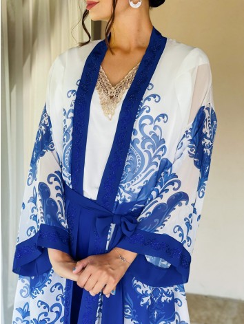 Dámsky modrý kostým nohavice + kimono pre moletky